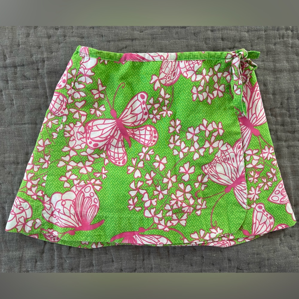 Lilly Pulitzer Wrap Skirt Lined Pink Butterfly Pattern Green Sz 4 Cotton Preppy
